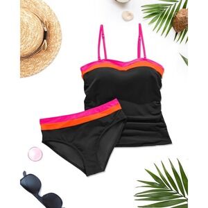 Daci Womens Tankini Swimsuit Set Medium Black Neon Pink Orange Colorblock Ruched